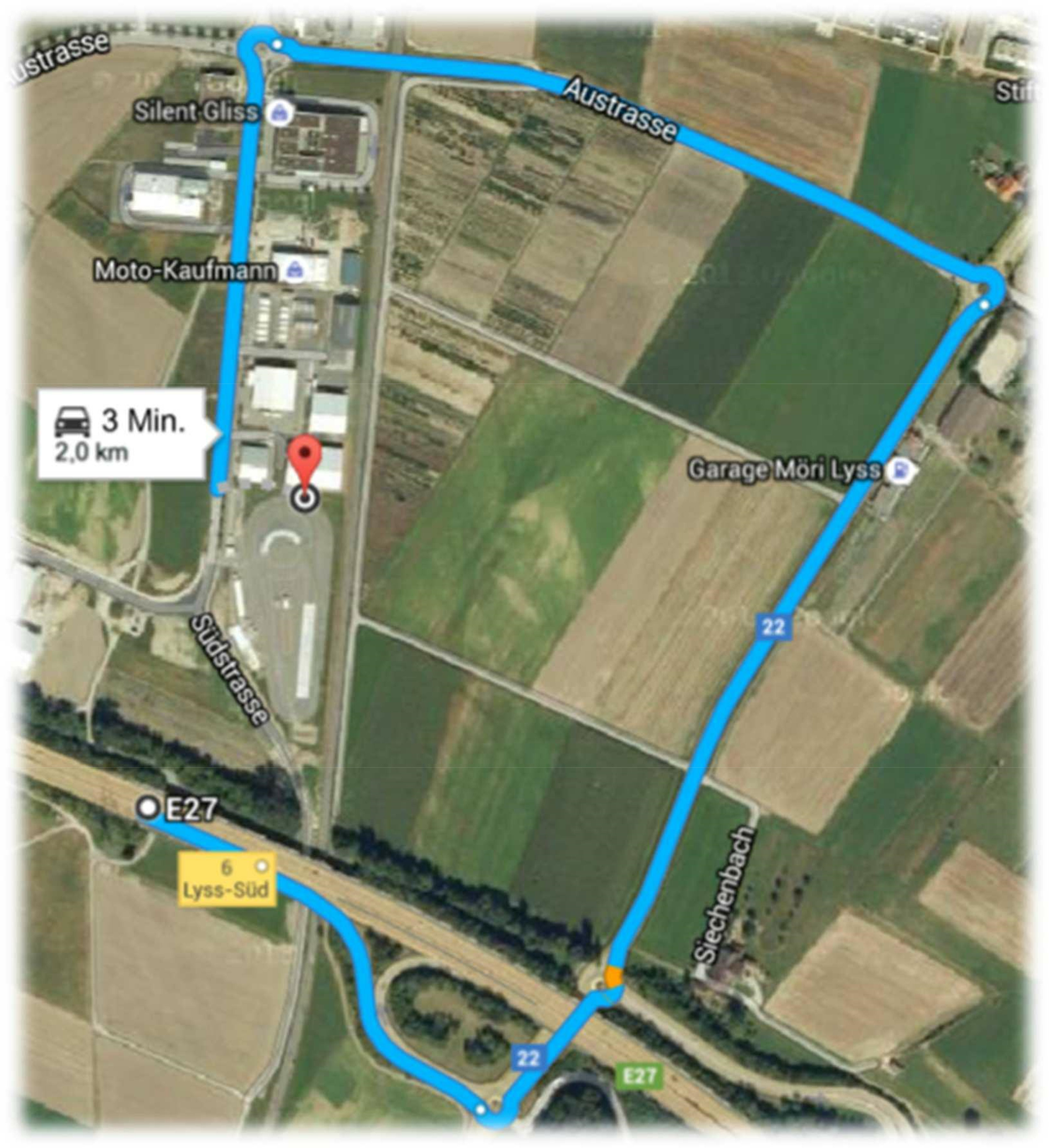 Anfahrt von Biel über A6 zum Fahrzentrum Lyss